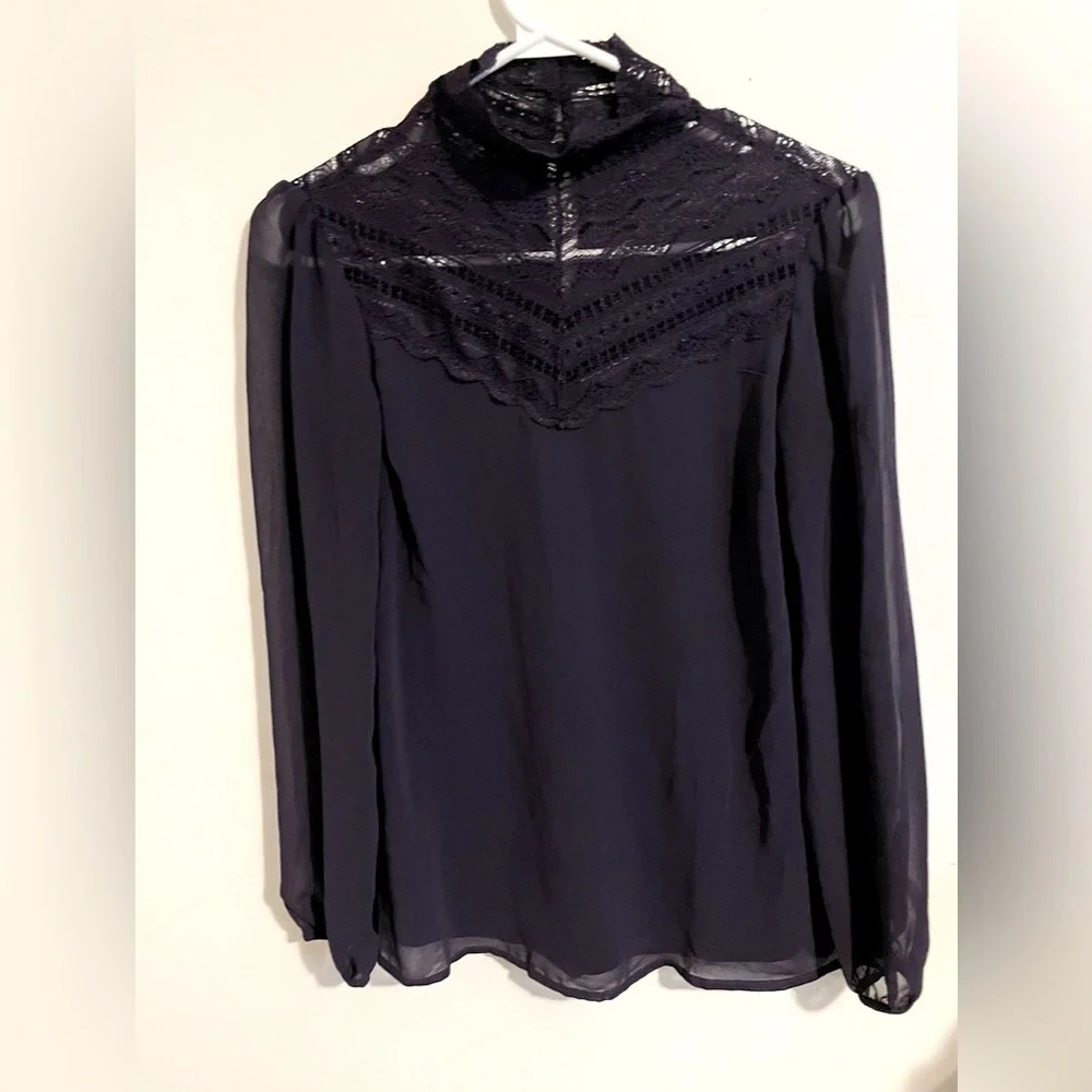 Le Chateau Victorian Sheer Lace Neck Gothic Careerwear puff Long Sleeve Blouse